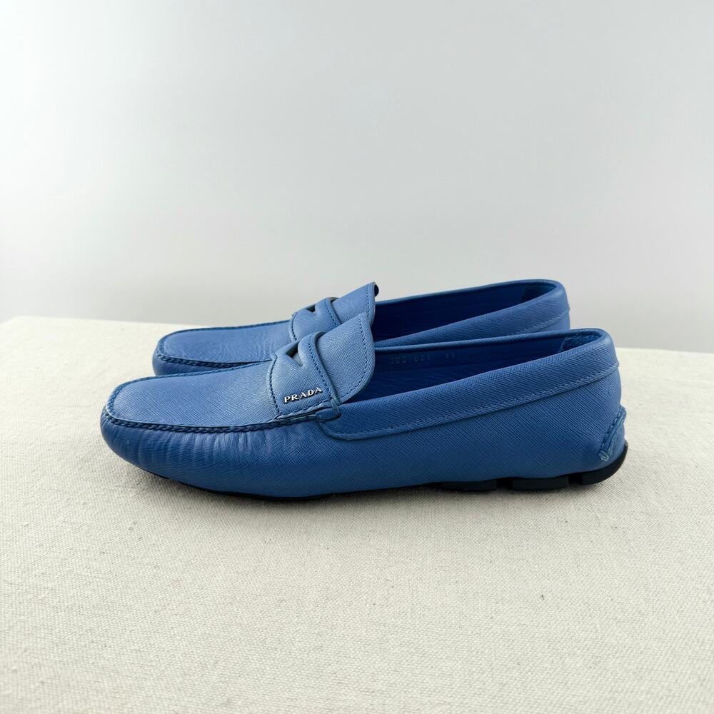 Prada Saffiano Leather Slip On Round Toe Driving Loafers Flat Blue Men's US 11